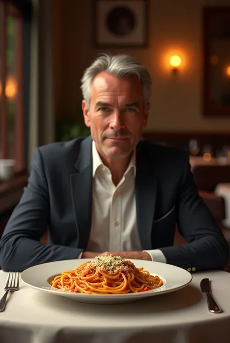 man sittling with plate of pasta on table