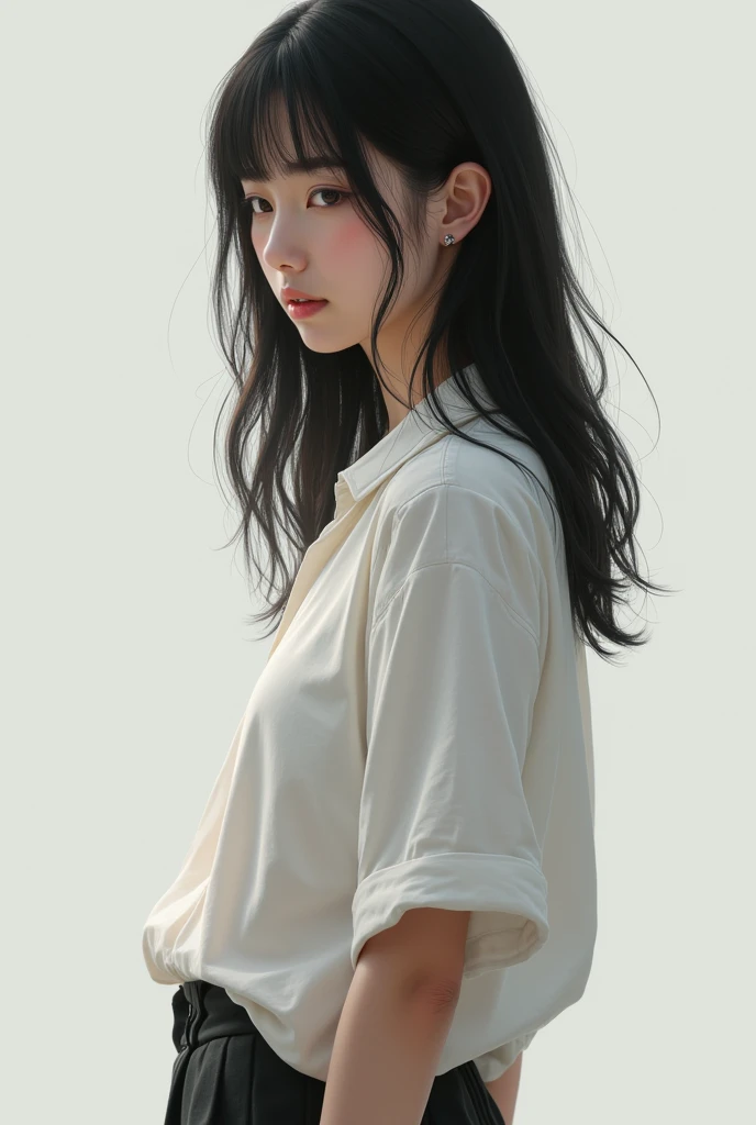 A black-haired woman with a shirt and baggy pants