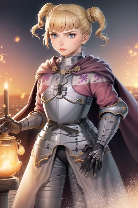 Farne Arm, alone, Short Twin Tails, (lips:0.7), armor, breastplate, Gauntlet, Cape, View your viewers, Mature Woman, (Severe:0.5), Traditional Media, (fire:0.7), Night Sky, 残りfire, Town centre, Medieval,  黒紫のarmor