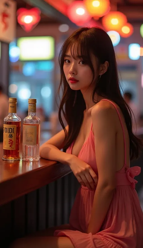 Japanese young girl sitting at a bar with a bottle of alcohol, very big breasts, wearing transparent short dress pink, shot with canon eoa 6 d mark ii, shot with sigma f / 4. 2, shot with sigma f/ 4.2, shot on canon eos r5, shot on canon eos r 5, korean gi...