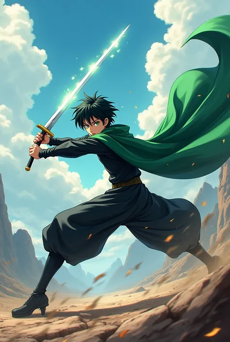 an animation of an anime character who is a swordsman with short black hair, white green eyes black clothes and a green cape fighting 
