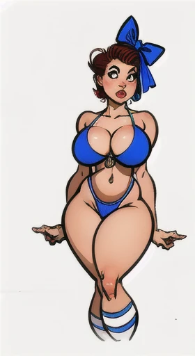 high detailed, masterpiece 1girl cartoon character in a bikini and blue shoes, short hair, perfect hands, big breast, wide hips, thick thighs, blue bow on her head, clean scene, white background, white wall, shinny floor, white floor