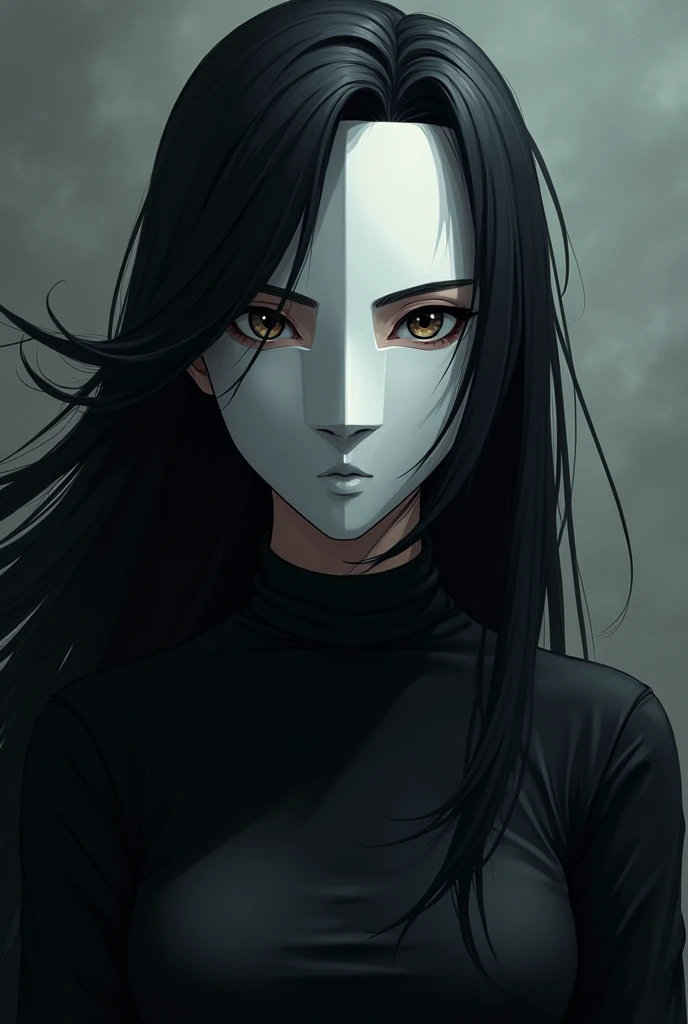 An anime oc with black hair and wearing a white mask