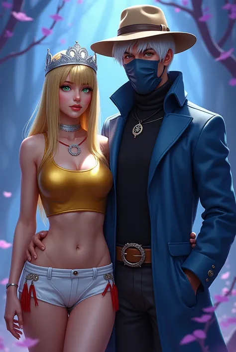 create a realistic adult female character with straight hair,blond, with a silver crown on his head,greeneyes,wearing a gold tank top showing her belly,wearing a short white skirt with red details,and next to him is a realistic adult male character, small ...