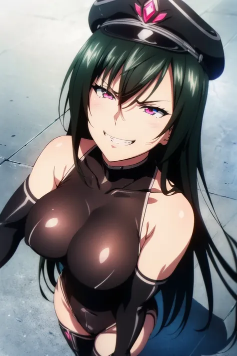 beautiful, masterpiece, ultra detailed, extremely detailed, ultra high res, 8k, beautiful detailed face, anime screencap, heart shaped face woman, (black hair:1.2), long hair, hair between eyes, large breasts, fearless face, sharp face, slant eyes, cat eye...