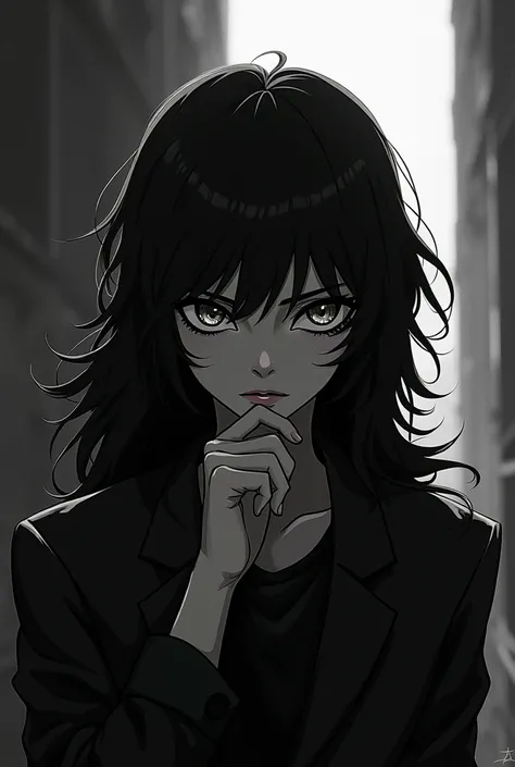 Make a Jojo inspired character with bangs and chin up with a superior look ,I want the black and white image 
