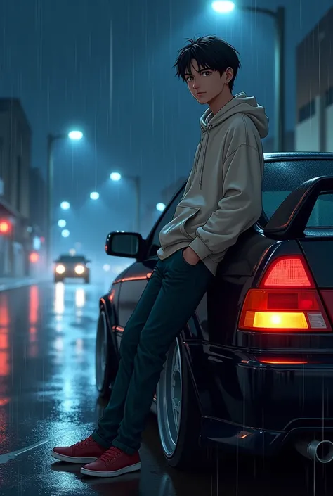 an anime style drawing of a guy in a sweatshirt leaning against his white 2013 Civic with a black roof and black spoiler on a rainy night