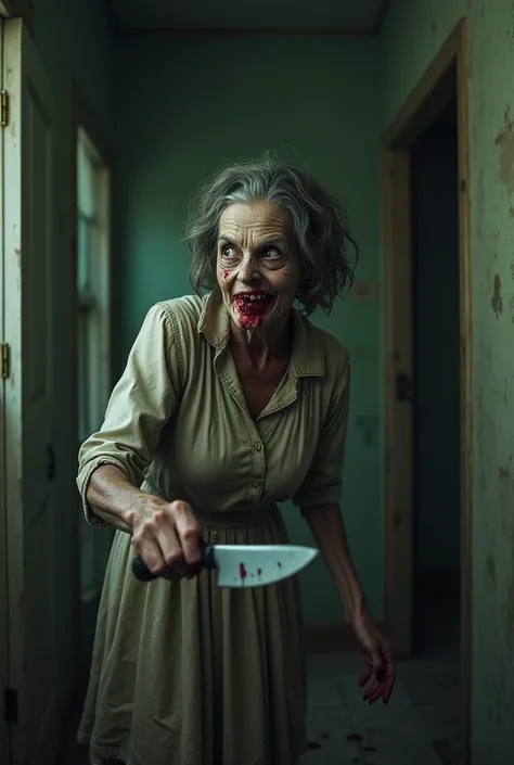 Room in abandoned house, maniac old woman with a creepy smile holding a knife inside the room, the old woman has a zombified appearance, the old woman has a red look in her eyes and her clothes are old rags, the knife has blood on it 