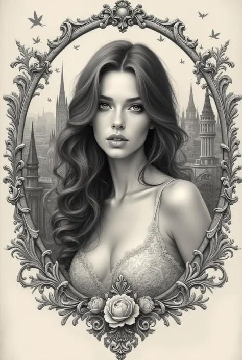 a sketch of a beautiful gorgeous sexy  girl and Victorian city,