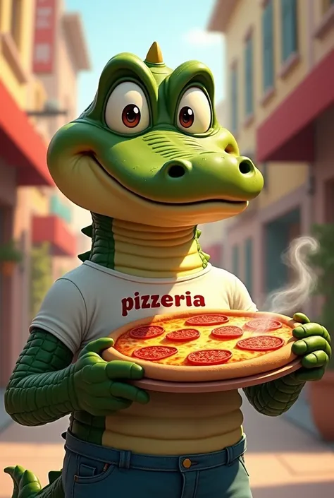 Alligator wearing clothes with the word &quot;pizzeria&quot; written on it Alligator holding a pizza in his hand 