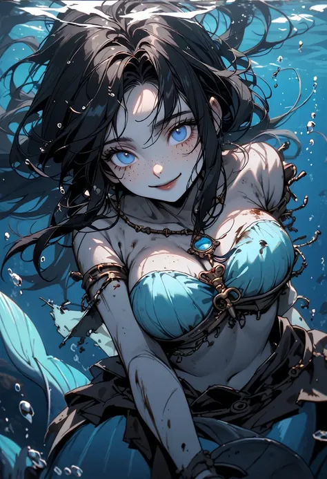 solo, female mermaid, dolphin mermaid, close up, long messy black hair, underwater, blue eyes, very large breasts, grey skin, lo...