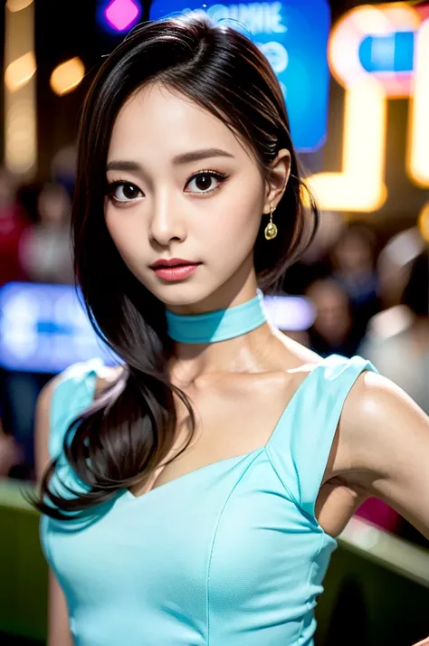 Tzuyu 1, woman, (Realistic), (Hyperrealism), (photoRealistic), Written boundary depth, eye make up:0.7 (whole body:1.8), (Large Bust),(Tight waist), Observe the audience,
