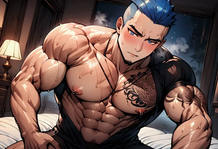 Highest quality、masterpiece、pov shot、(muscular male:1.2)、(father:0.5)、独奏、Shaved head、Blue Hair、(sweat:1.3)、(steam:1.1)、nipple piercing、tattoo on chest、tattoo on leg、Wearing tight-fitting black clothing、shoot from front、On the bed、night、I&#39;m excited