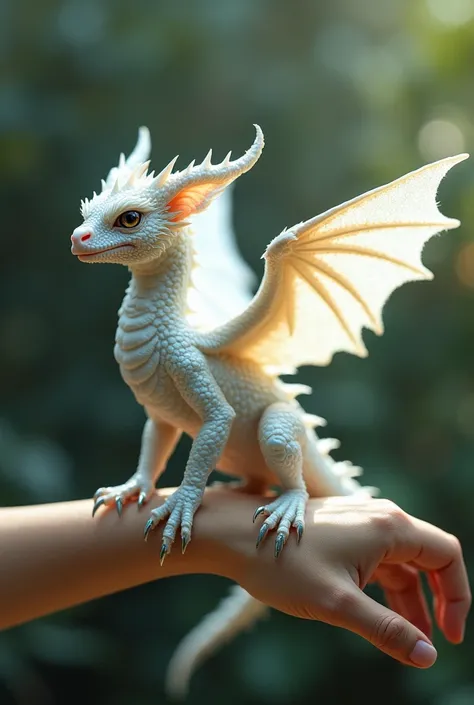 A dragon, Standing on the wrist, like an eagle , Baby dragon, white color 