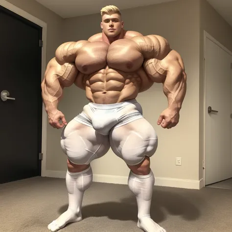 full body view, one teen cute white blonde undercut male model waring black socks and lycra tight shorts, forced to grow into freaky huge giant bodybuilder.