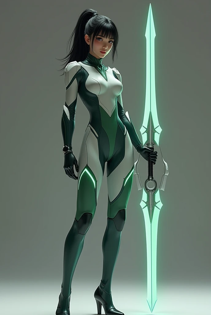 Eve, stellar blade, 8k,highres, 1girl, front lighting, simple background, gray background, looking at the viewer, fitted suit space green and white, bodysuit, black hair and dark black hair, fringe, hair tied in ponytail style, video game, heels, gloves, a...