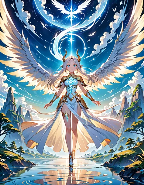 (((masterpiece, best quality, 8k))), celestial female warrior, (full-body), radiant white dragon armor, adorned with glowing ang...