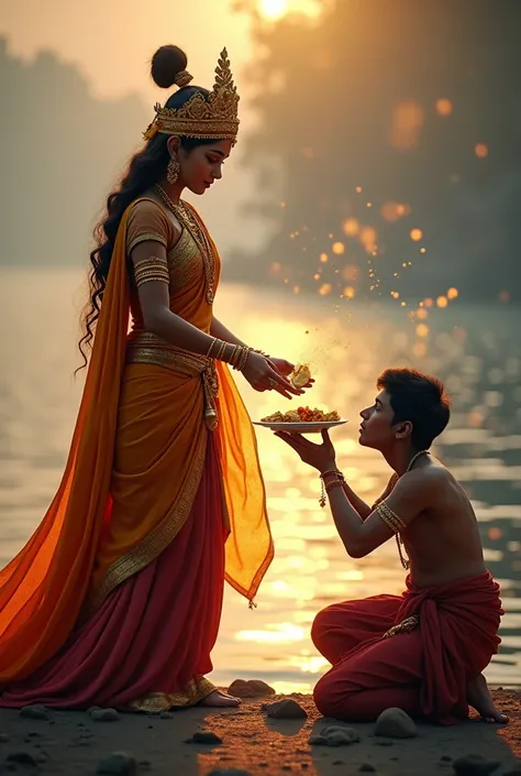 Cool cinematic animated character art, Silhouette of indian godess of food Annapoorna giving food in a golden plate to a poor male beggar, beggar bowing in respect, godess wearing Gold and red saree, golden jewellery, ancient golden crown, smiling expressi...