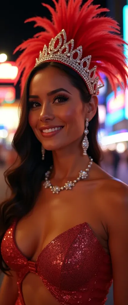 full body, of a stunningly beautiful Salvadorean woman,wearing a Las Vegas showgirl costume,extremely detailed face and eyes, smiling, beautiful long eyelashes,flawless skin,striking makeup,intricate headdress with feathers and sequins,sparkling rhinestone...