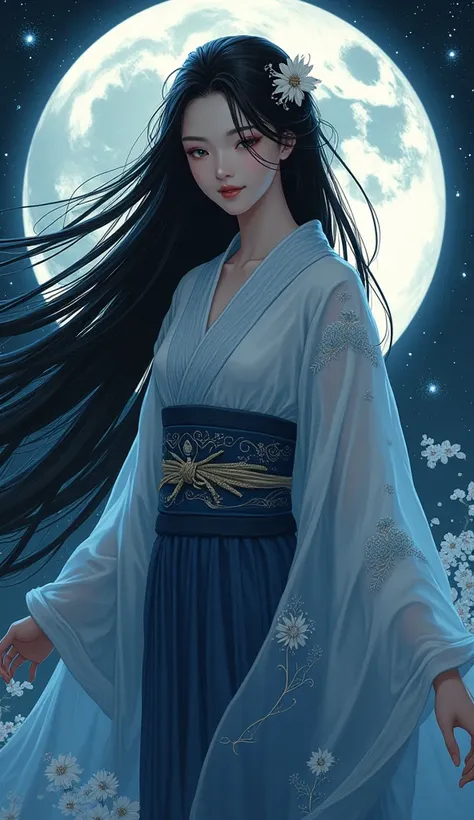 Beautiful Goddess Tsukuyomi, whole body, Japanese Goddess of the Night, Beautiful black hair