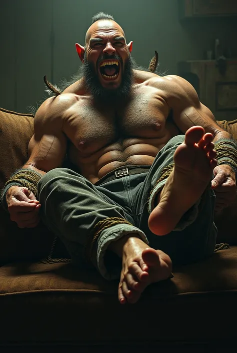 A handsome，Orc with abs tied to the sofa，Shoes taken off，Revealing two big bare feet，Both feet are locked in the foot，Feet raised，Soles facing forward，Five toes tied with rope in foot，His hands were tied tightly to one end of the sofa.，His upper body was s...