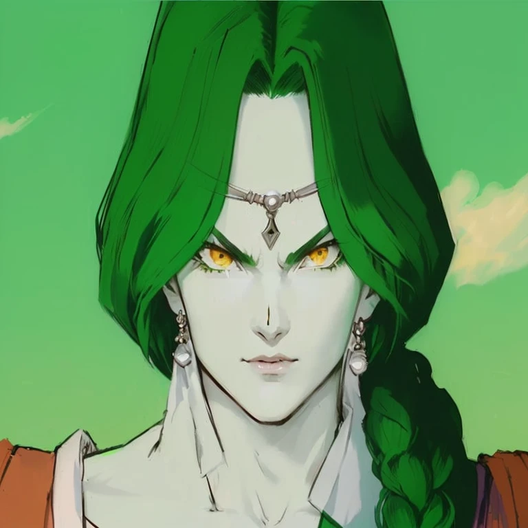 a close up of a person with green hair and a green dress, broly, Hisoka, saiyan girl, portrait of Hisoka hunter hunter, dragon ball character, Leiji Matsumoto, aesthetics!!!!!! female genius, vinis, by Akira Toriyama, Cute androgynous prince, dragon ball c...