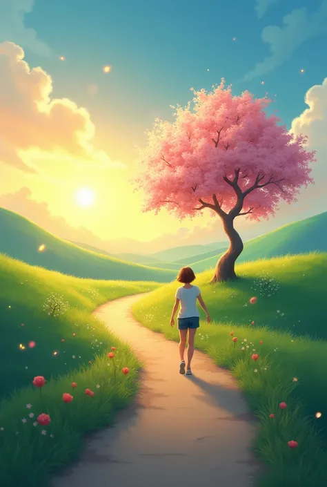 A vibrant landscape of a golden dawn, where a road winds through green hills. over the horizon, there is a lonely tree beginning to blossom, with leaves that shine in shades of pink and blue. a figure, with an expression of determination and joy, walks alo...