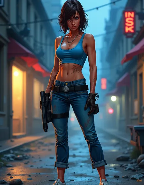 Color comic illustration with Don Lawrence style of (One Woman),(whole body:1.5),(front:1.5),(((Jill Valentine is standing:1,5))),((Blue tank top:1.5)),((Dirty jeans:1.5)),(black tactical holster:1.2),((White sneakers:1.5)),BREAK((anger:1.5)),(short hair:1...