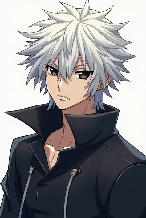 Create an image of a mercenary man with white hair, black eyes, average physique, anime inspired by Kirito, without weapons, with black eyes, serious face 