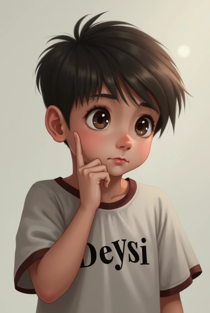 A boy thinking and with the name deysi on his shirt 