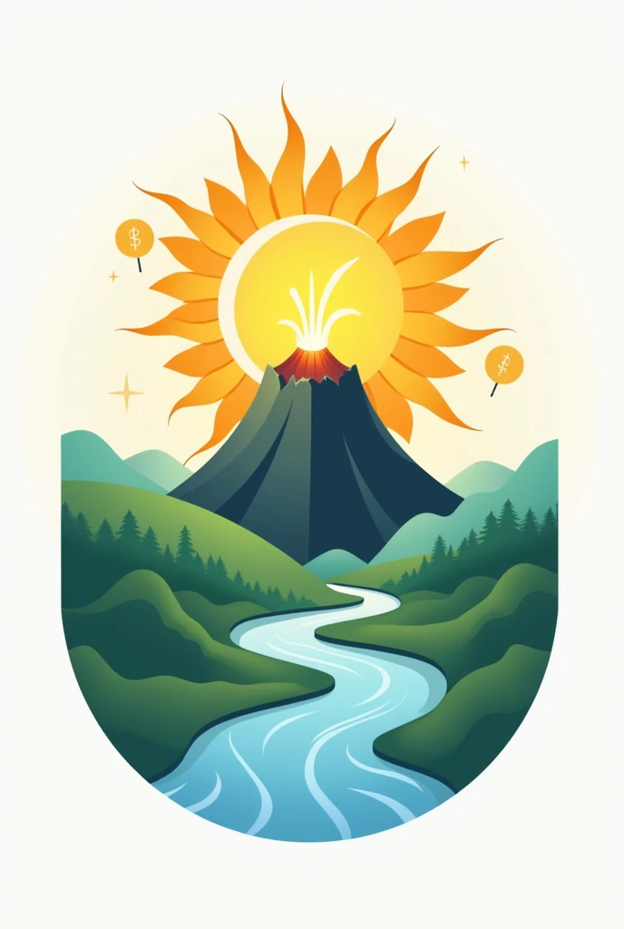 I create an image for the logo of an educational project on renewable natural resources, a sun, volcano and river. wind energy, Solar Energy