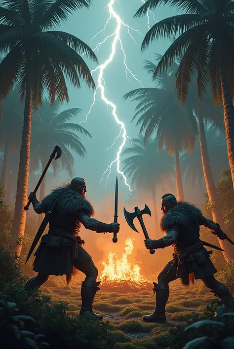 flames, natta, lightning, Viking warriors fighting fiercely against backwoods cowboys, carnauba palms 