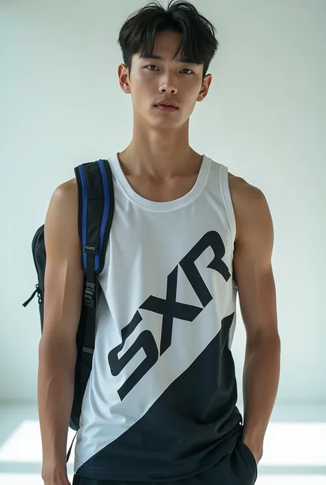 (photorealism:1.2),a sportwear fashion handsome 18 yrs. old, k pop Asian male model, runway show full body holding sports bag pack, tank top casual wear style, SXR logo design, ultra-detailed, film photography, light leaks, trending on sportwear, sharp foc...