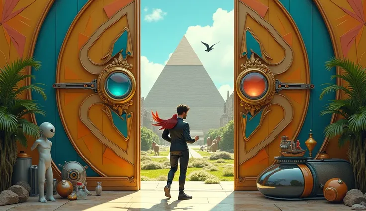 Un homme avec des vêtements futuristes pousse des deux mains des portes futuristes  avec des figures géométriques de couleurs différentes sur la porte et devant lui une pyramide avec de lherbe et des animaux ,le tout ressemblent à la peinture que jai publi...