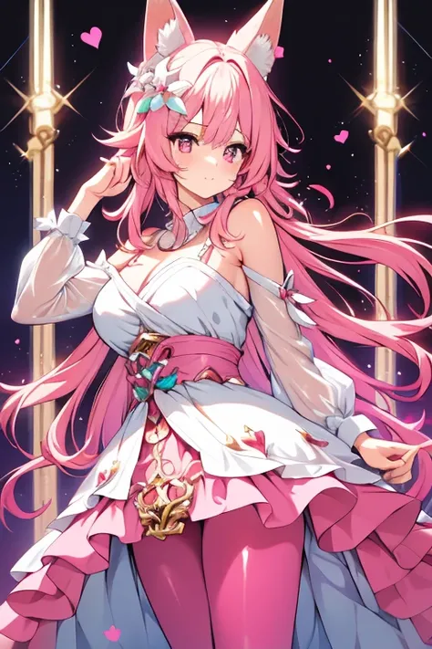 An adult woman with pink eyes, long bright pink hair with fox ears. Wears an elegant dress. She must be wearing a pink leggings. she comes from wonderland