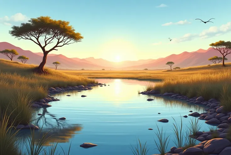 Create a dramatic, AI-generated artwork of a serene, shallow lake in Africa, with a focus on both the foreground and background in sharp detail. The scene should feature a tranquil, open landscape, showcasing the still water of the lake surrounded by natur...