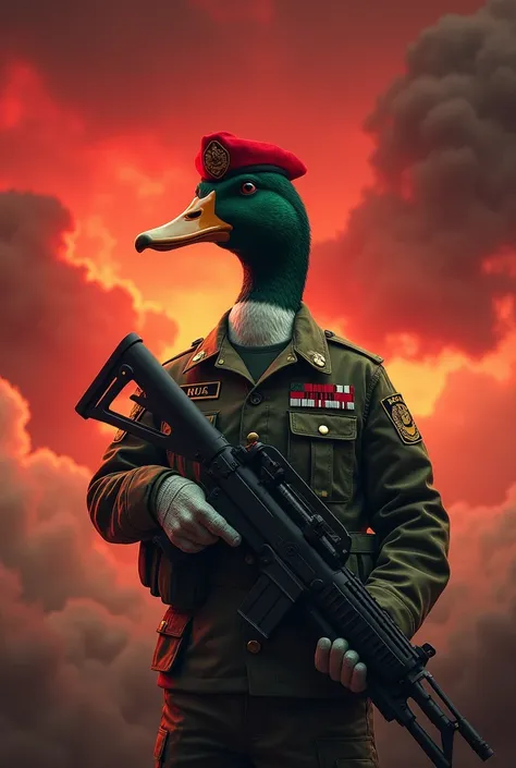 A duck in a Mexican military uniform, specifically from the SEMAR carrying a weapon on a day with a red and cloudy sky 