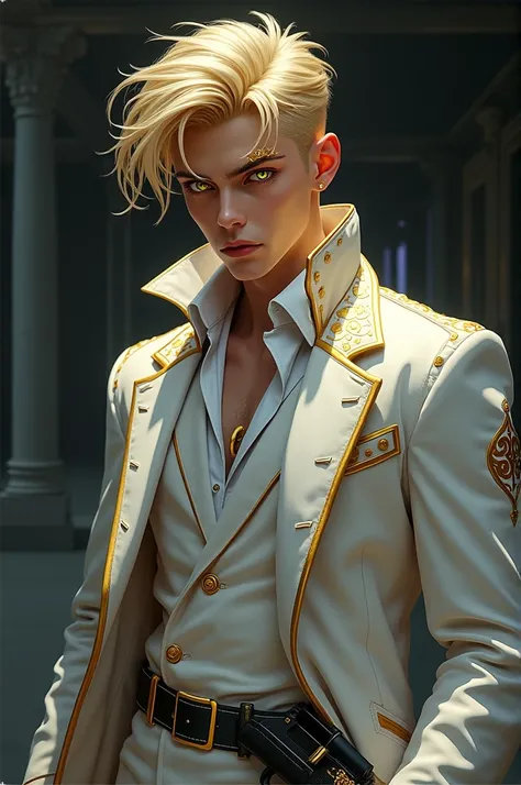 a blond boy,with a white coat with gold details and a gold eyebrow piercing,a black pistol with gold details on the waist,and a look as cold as steel,firm as a rock,the bright golden eyes)