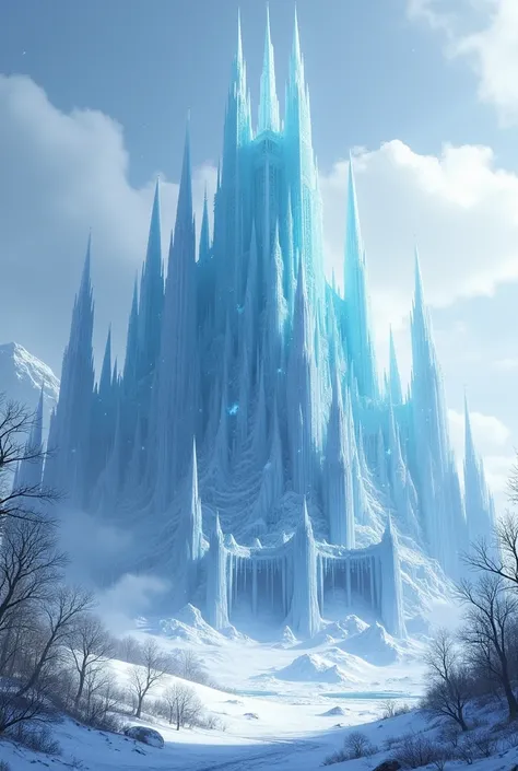 Make me a giant, imposing ice castle with an ice fortress in winter