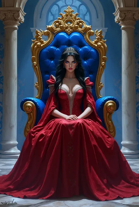 (illustration) a duchess with blue eyes and black hair angrily sitting on her pure sapphire throne