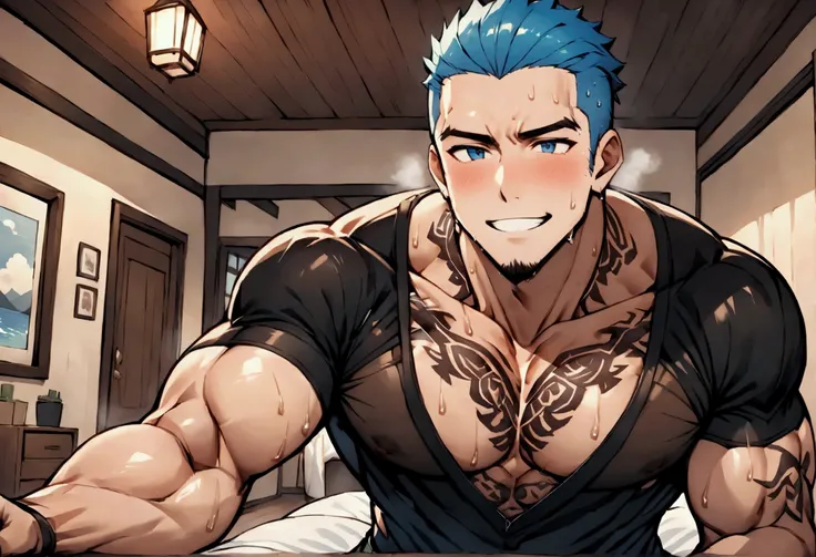 Highest quality、masterpiece、pov shot、(muscular male:1.2)、(father:0.5)、独奏、Shaved head、Blue Hair、(sweat:1.3)、steam、tattoo on chest、tattoo on leg、night、On the upper half of his body he was wearing a tight fitting black shirt with an open neckline.、The lower h...