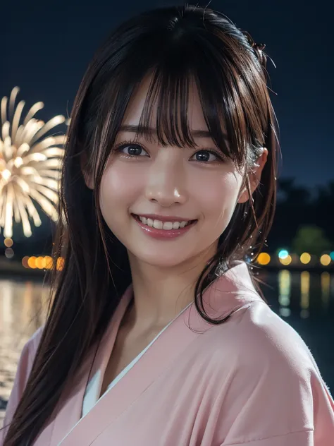 (8k, RAW Photos,Highest quality, High resolution:1.1), (Ultra-realistic:1.4),(Realistic, Realistic:1.3),Beautiful middle-aged Japanese woman、1 person、((smile:1.2))，Light pink kimono，Hairpin touching hair，night，River surface，firework