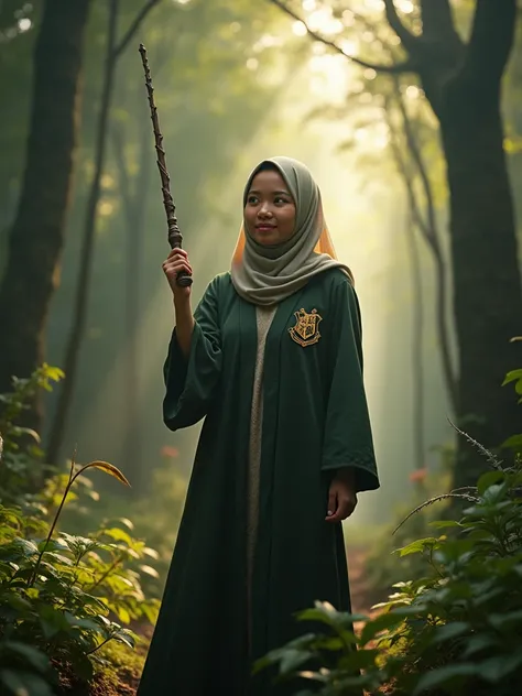 Capture the enchantment of the Wizarding World as the Malay woman dons a Hogwarts-inspired outfit, wielding a wand in a magical forest, reminiscent of scenes from the Harry Potter series.