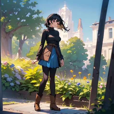 (high quality, High resolution, Very detailed, reality:1.37), Peaceful atmosphere, (Outdoor, garden), Teenage girl standing alone, (my breasts are big.), Beautiful details, Cute Smile, (Black bob hair), Ribbed sweater, Blue Skirt, Black tights, Brown boots...