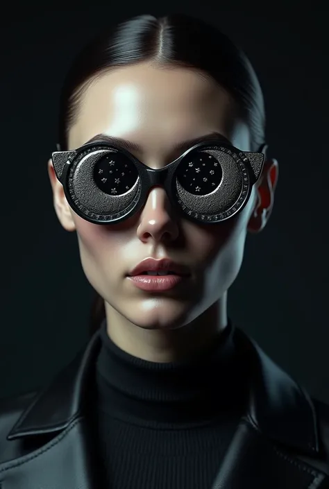 The model is wearing glass sunglasses with stars and the moon on the glass with farri f
8
