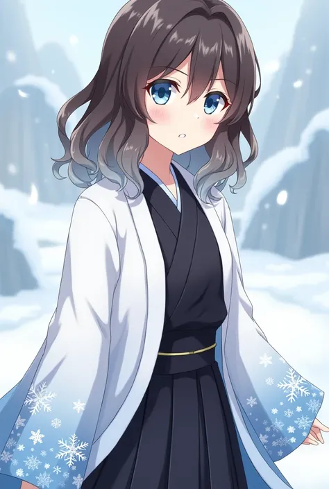 An anime character with the traits of Kimetsu no Yaiba. His outfit is a white haori with light blue details that look like snow because it starts out white and as it goes along small light blue details appear and on the sleeve it has delicate snowflake des...