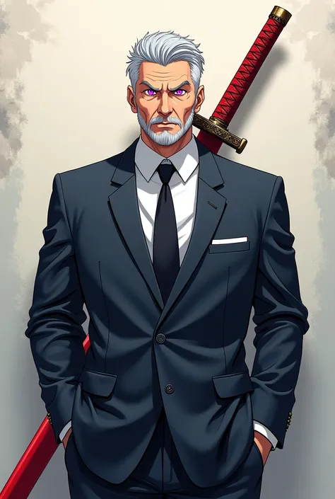 Japanese anime style, a middle-aged man with a strong stature, having a short beard and glasses, purple eyes and gray hair having a gentle expression and serene look, He wears modern formal clothing and carries a red katana 