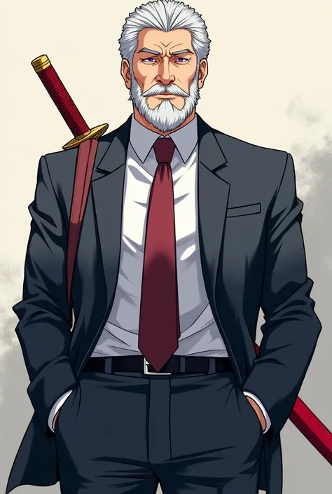 Japanese anime style, a middle-aged man with a strong stature, having a short beard and glasses, purple eyes and gray hair having a gentle expression and serene look, He wears modern formal clothing and carries a red katana 