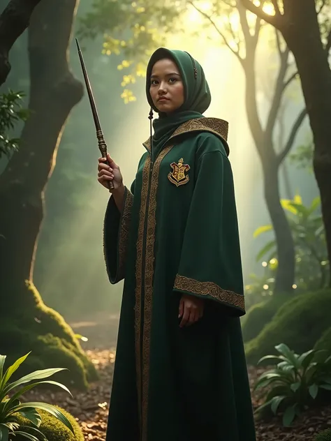 Capture the enchantment of the Wizarding World as the Malay woman dons a Hogwarts-inspired outfit, wielding a wand in a magical forest, reminiscent of scenes from the Harry Potter series.