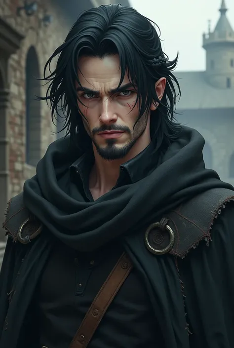 Um djinn, with black hair and eyes, sem beard, with a scar on his face.  Wearing an ancient and torn black cloak. anime traits, in a medieval time. your hair goes to your shoulder, sem beard no rosto, the djinn also has a braid on the left side of his hair...